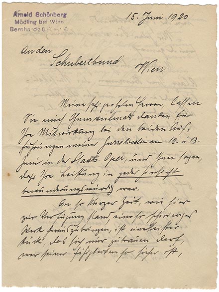 Letter from Arnold Schönberg to Schubertbund, June 15, 1920